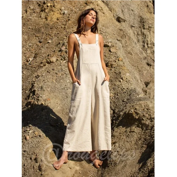 Linen Blend Casual Beige Overalls Pockets Jumpsuit Wide Leg - Picture 1 of 7